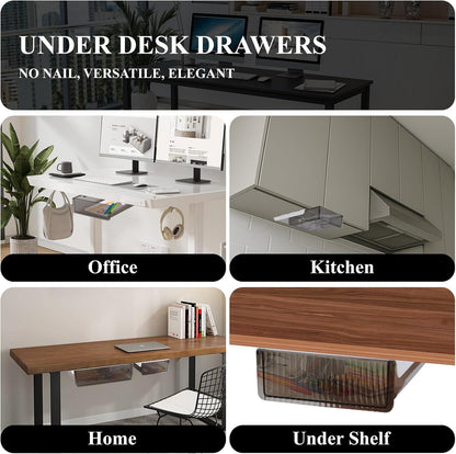 Under Desk Storage Drawer, Under Table Slide Out Self-Adhesive Organization, Translucent Black Medium