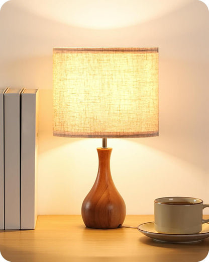 Small Table Lamp, 14.2" Wood Bedside Lamp, Little Cute Desk Lamp with Dark Wood Bottle-Shaped Base & Beige Linen Lampshade, Nightstand Lamp for Bedroom, Small Space, E26 Socket, LE09TL05