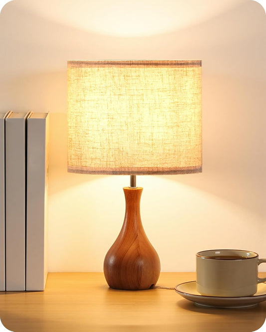 Small Table Lamp, 14.2" Wood Bedside Lamp, Little Cute Desk Lamp with Dark Wood Bottle-Shaped Base & Beige Linen Lampshade, Nightstand Lamp for Bedroom, Small Space, E26 Socket, LE09TL05