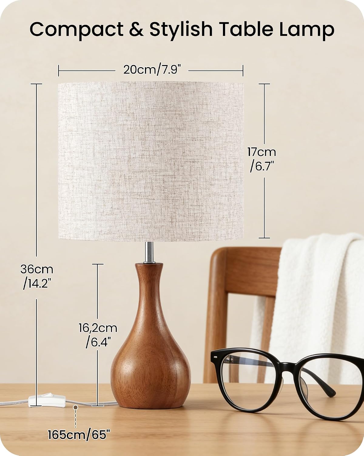 Small Table Lamp, 14.2" Wood Bedside Lamp, Little Cute Desk Lamp with Dark Wood Bottle-Shaped Base & Beige Linen Lampshade, Nightstand Lamp for Bedroom, Small Space, E26 Socket, LE09TL05