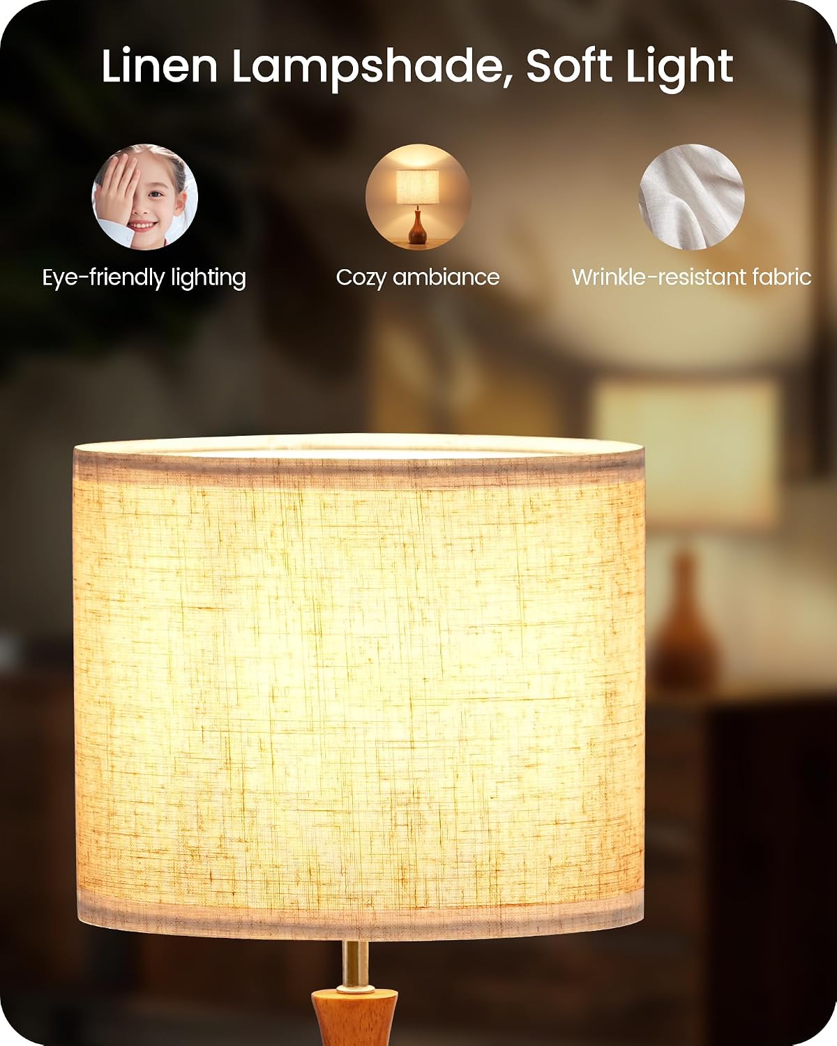 Small Table Lamp, 14.2" Wood Bedside Lamp, Little Cute Desk Lamp with Dark Wood Bottle-Shaped Base & Beige Linen Lampshade, Nightstand Lamp for Bedroom, Small Space, E26 Socket, LE09TL05
