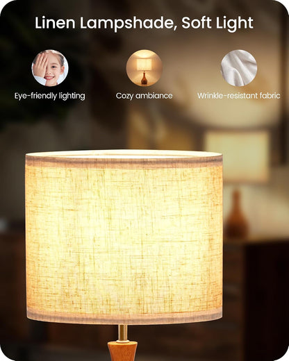Small Table Lamp, 14.2" Wood Bedside Lamp, Little Cute Desk Lamp with Dark Wood Bottle-Shaped Base & Beige Linen Lampshade, Nightstand Lamp for Bedroom, Small Space, E26 Socket, LE09TL05