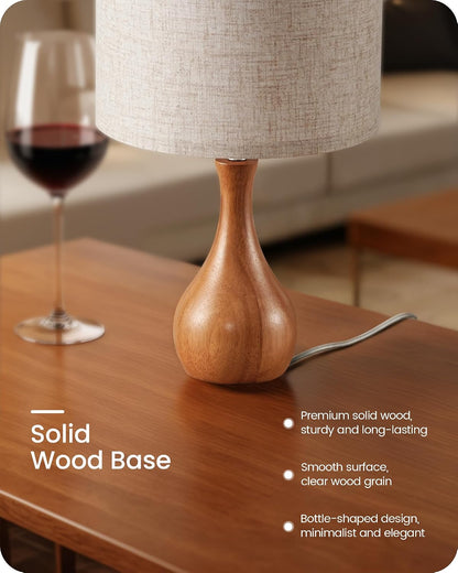 Small Table Lamp, 14.2" Wood Bedside Lamp, Little Cute Desk Lamp with Dark Wood Bottle-Shaped Base & Beige Linen Lampshade, Nightstand Lamp for Bedroom, Small Space, E26 Socket, LE09TL05