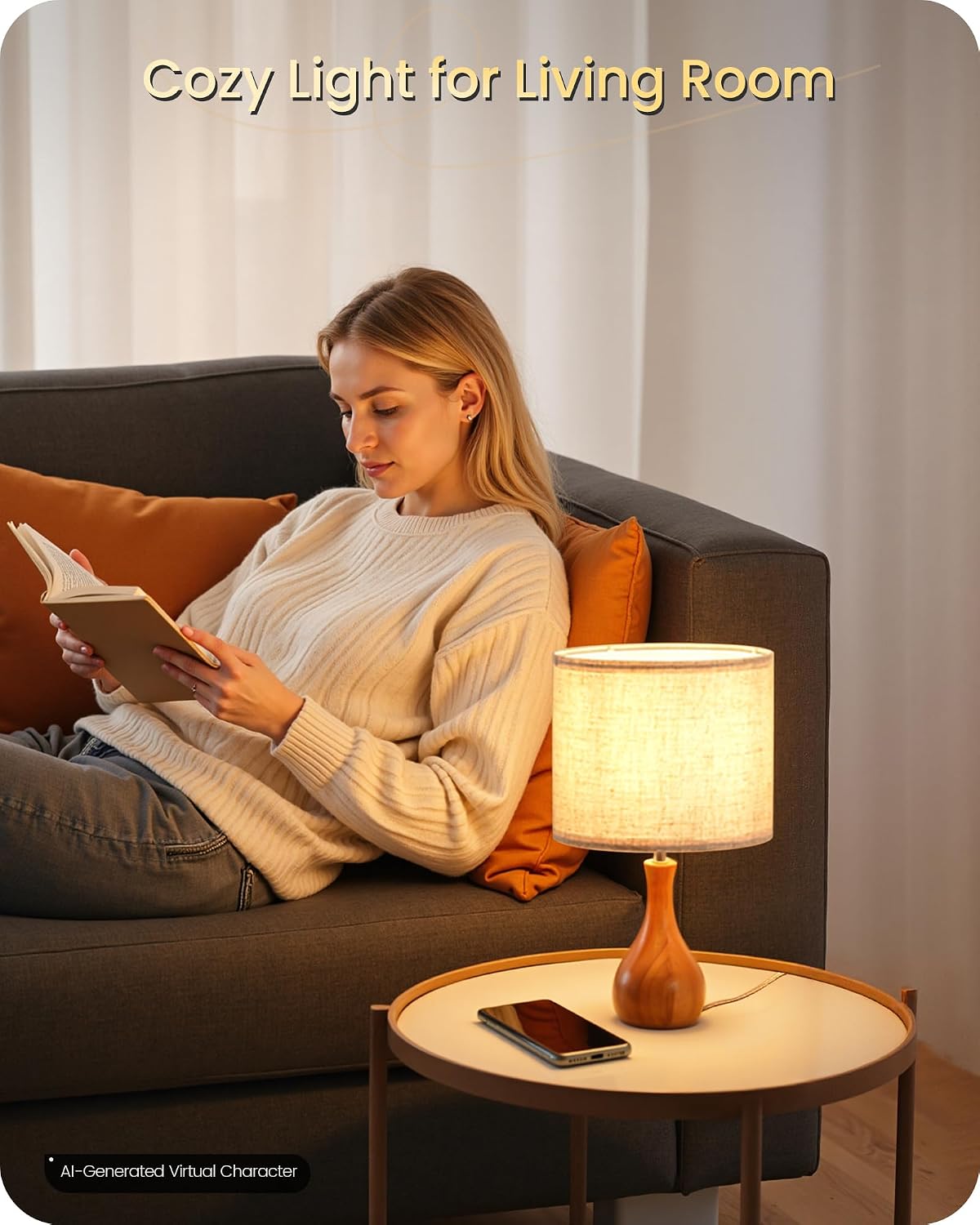 Small Table Lamp, 14.2" Wood Bedside Lamp, Little Cute Desk Lamp with Dark Wood Bottle-Shaped Base & Beige Linen Lampshade, Nightstand Lamp for Bedroom, Small Space, E26 Socket, LE09TL05