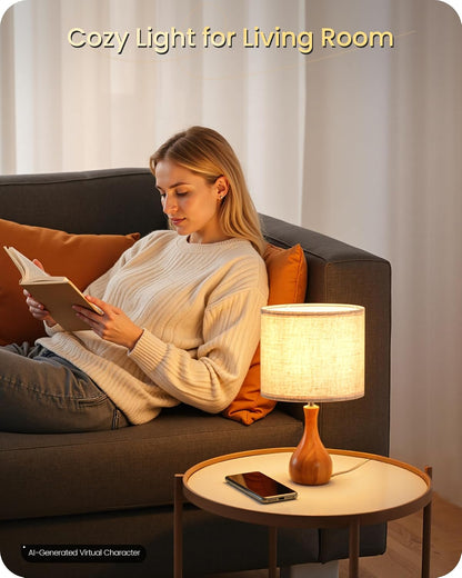 Small Table Lamp, 14.2" Wood Bedside Lamp, Little Cute Desk Lamp with Dark Wood Bottle-Shaped Base & Beige Linen Lampshade, Nightstand Lamp for Bedroom, Small Space, E26 Socket, LE09TL05