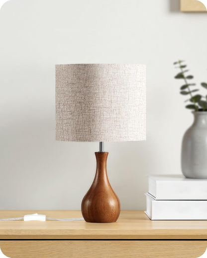 Small Table Lamp, 14.2" Wood Bedside Lamp, Little Cute Desk Lamp with Dark Wood Bottle-Shaped Base & Beige Linen Lampshade, Nightstand Lamp for Bedroom, Small Space, E26 Socket, LE09TL05