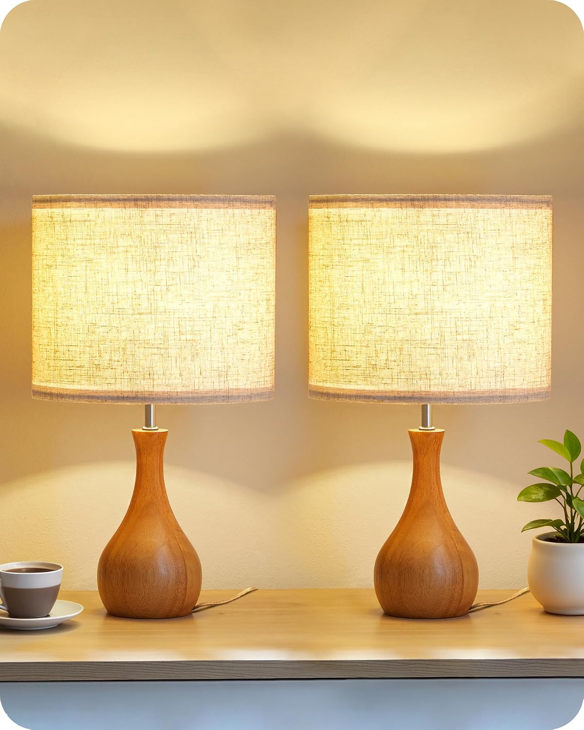Small Table Lamp, 14.2" Wood Bedside Lamp, Little Cute Desk Lamp with Dark Wood Bottle-Shaped Base & Beige Linen Lampshade, Nightstand Lamp for Bedroom, Small Space, E26 Socket, LE09TL05