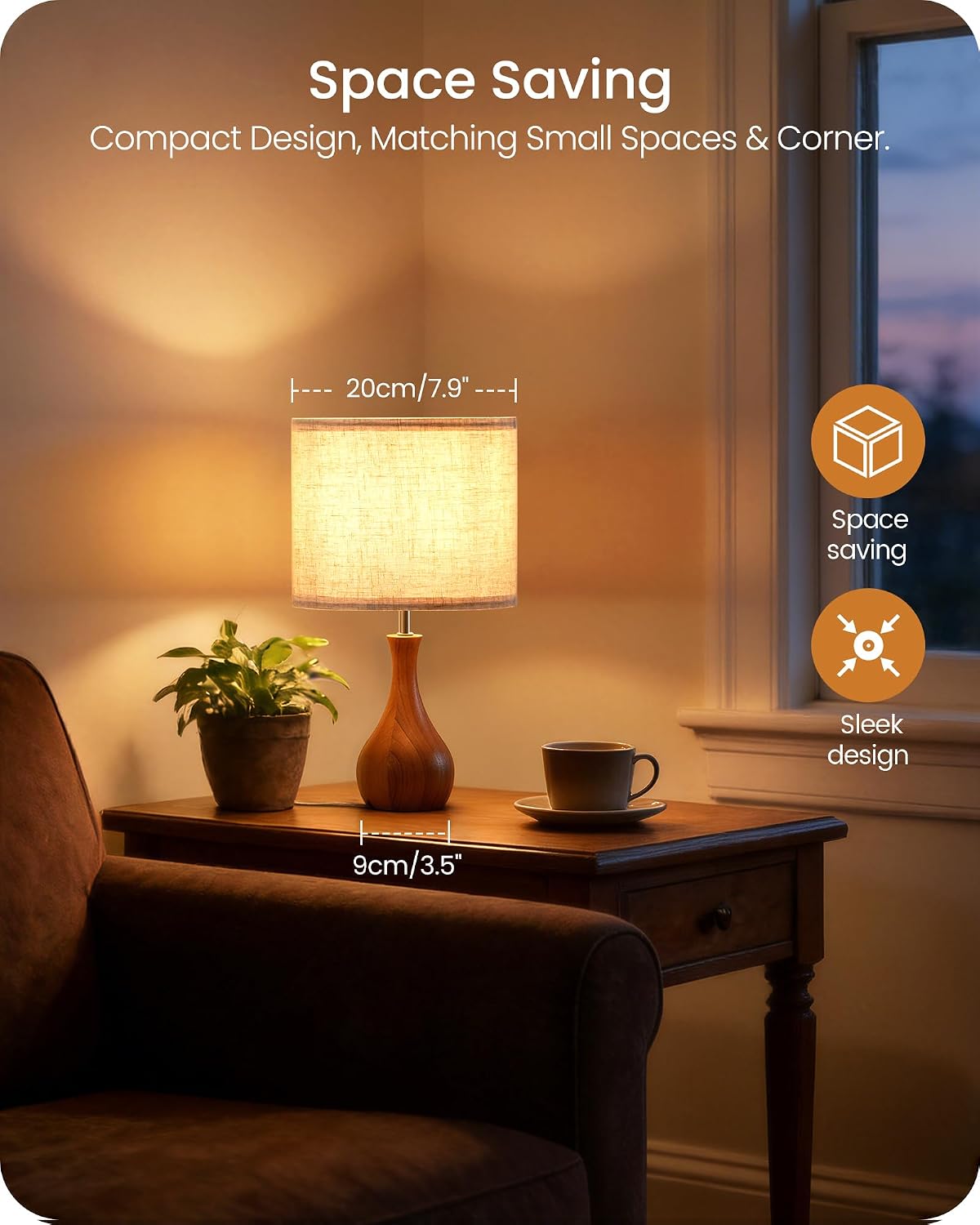 Small Table Lamp, 14.2" Wood Bedside Lamp, Little Cute Desk Lamp with Dark Wood Bottle-Shaped Base & Beige Linen Lampshade, Nightstand Lamp for Bedroom, Small Space, E26 Socket, LE09TL05