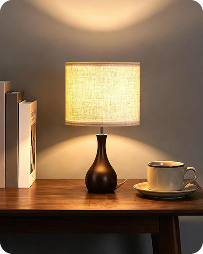 Small Table Lamp, 14.2" Wood Bedside Lamp, Little Cute Desk Lamp with Dark Wood Bottle-Shaped Base & Beige Linen Lampshade, Nightstand Lamp for Bedroom, Small Space, E26 Socket, LE09TL05