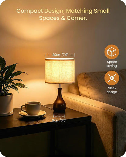 Small Table Lamp, 14.2" Wood Bedside Lamp, Little Cute Desk Lamp with Dark Wood Bottle-Shaped Base & Beige Linen Lampshade, Nightstand Lamp for Bedroom, Small Space, E26 Socket, LE09TL05