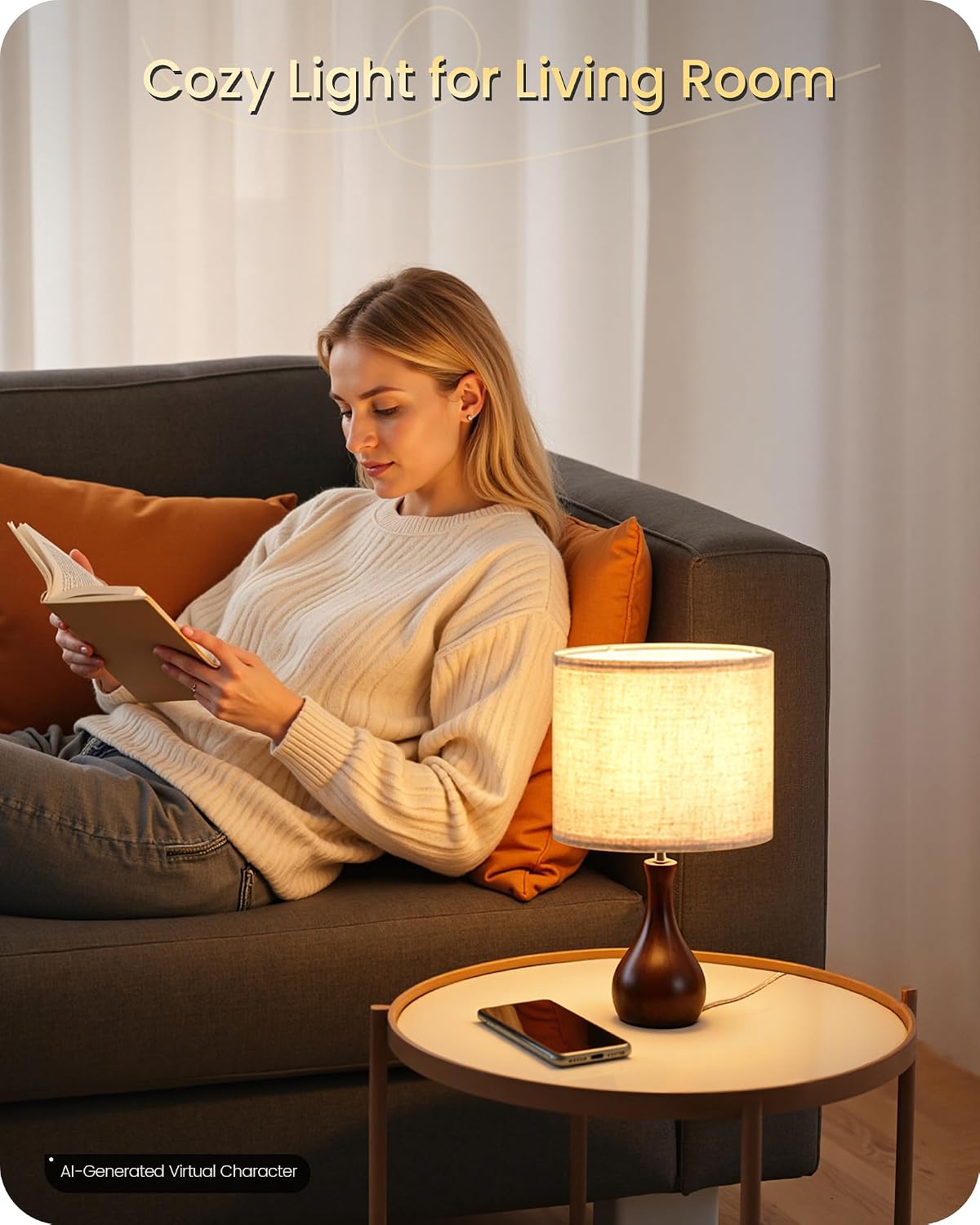Small Table Lamp, 14.2" Wood Bedside Lamp, Little Cute Desk Lamp with Dark Wood Bottle-Shaped Base & Beige Linen Lampshade, Nightstand Lamp for Bedroom, Small Space, E26 Socket, LE09TL05