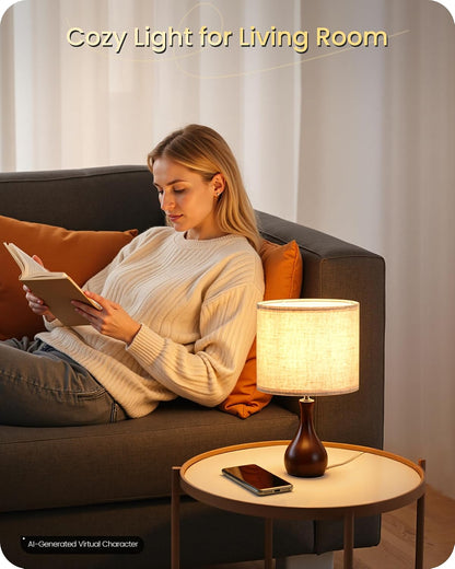 Small Table Lamp, 14.2" Wood Bedside Lamp, Little Cute Desk Lamp with Dark Wood Bottle-Shaped Base & Beige Linen Lampshade, Nightstand Lamp for Bedroom, Small Space, E26 Socket, LE09TL05