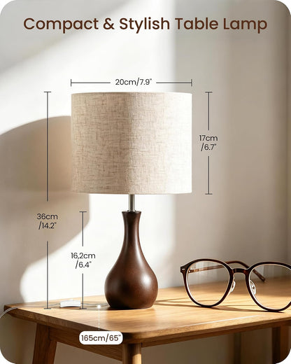 Small Table Lamp, 14.2" Wood Bedside Lamp, Little Cute Desk Lamp with Dark Wood Bottle-Shaped Base & Beige Linen Lampshade, Nightstand Lamp for Bedroom, Small Space, E26 Socket, LE09TL05
