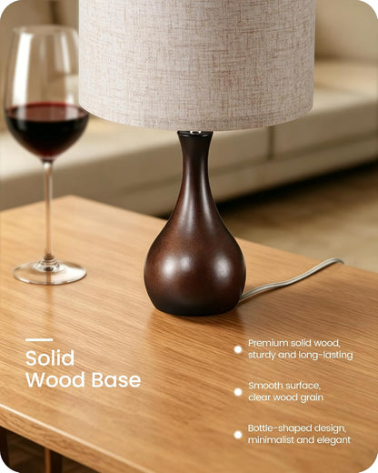 Small Table Lamp, 14.2" Wood Bedside Lamp, Little Cute Desk Lamp with Dark Wood Bottle-Shaped Base & Beige Linen Lampshade, Nightstand Lamp for Bedroom, Small Space, E26 Socket, LE09TL05