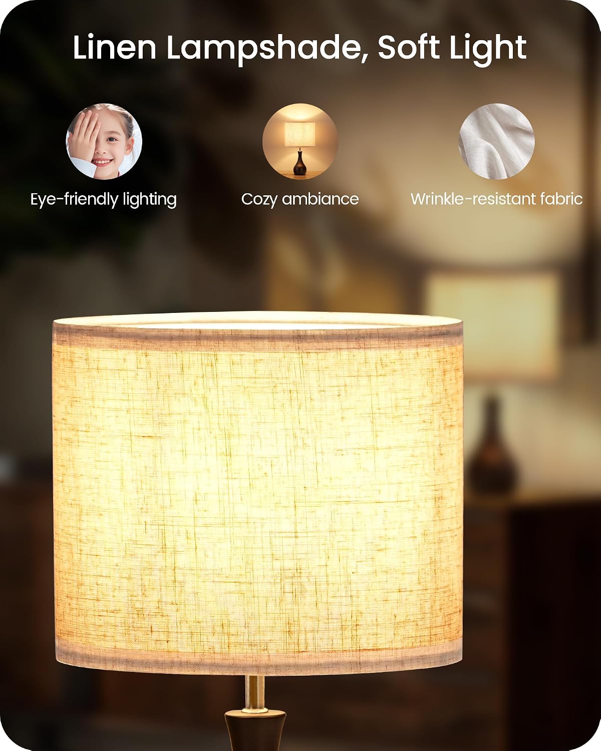 Small Table Lamp, 14.2" Wood Bedside Lamp, Little Cute Desk Lamp with Dark Wood Bottle-Shaped Base & Beige Linen Lampshade, Nightstand Lamp for Bedroom, Small Space, E26 Socket, LE09TL05