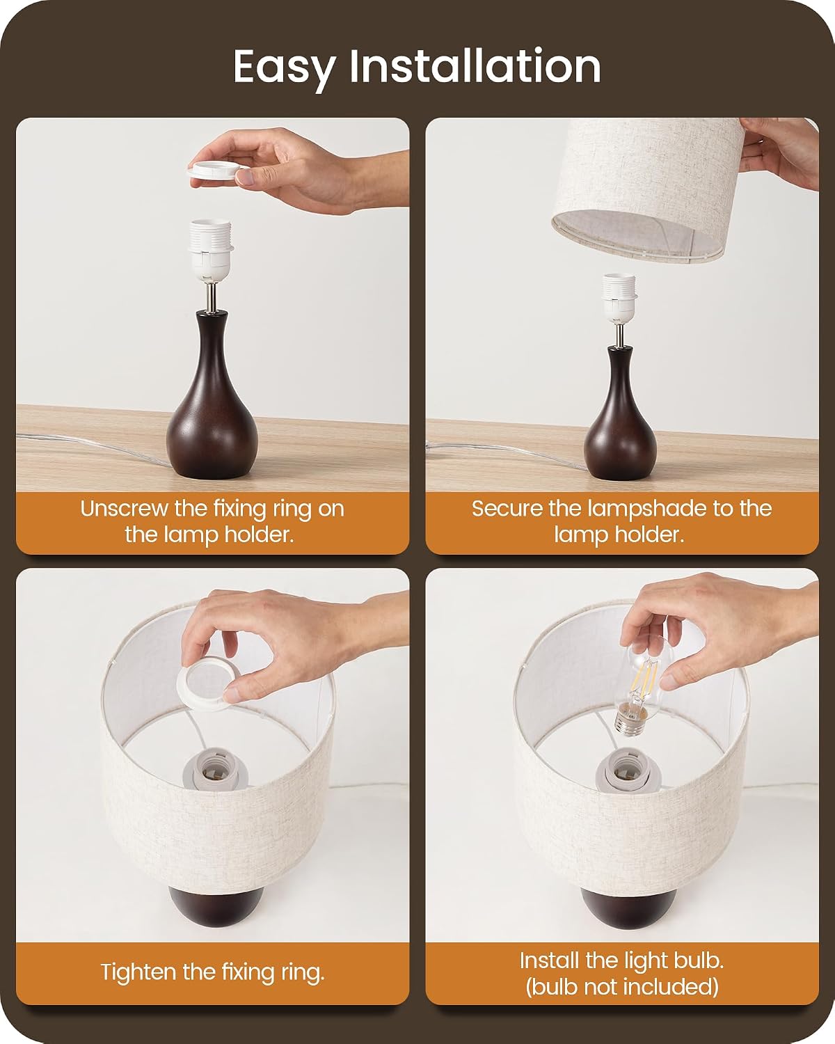 Small Table Lamp, 14.2" Wood Bedside Lamp, Little Cute Desk Lamp with Dark Wood Bottle-Shaped Base & Beige Linen Lampshade, Nightstand Lamp for Bedroom, Small Space, E26 Socket, LE09TL05