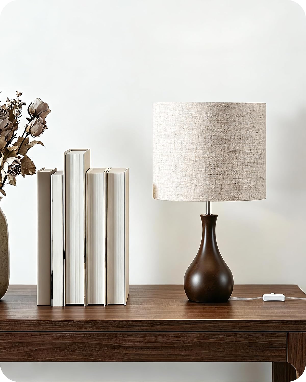 Small Table Lamp, 14.2" Wood Bedside Lamp, Little Cute Desk Lamp with Dark Wood Bottle-Shaped Base & Beige Linen Lampshade, Nightstand Lamp for Bedroom, Small Space, E26 Socket, LE09TL05