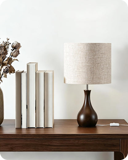 Small Table Lamp, 14.2" Wood Bedside Lamp, Little Cute Desk Lamp with Dark Wood Bottle-Shaped Base & Beige Linen Lampshade, Nightstand Lamp for Bedroom, Small Space, E26 Socket, LE09TL05