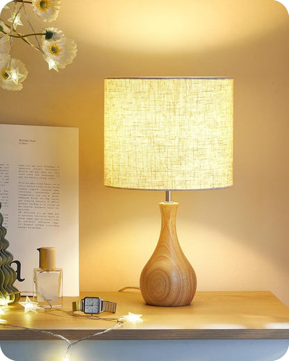 Small Table Lamp, 14.2" Wood Bedside Lamp, Little Cute Desk Lamp with Dark Wood Bottle-Shaped Base & Beige Linen Lampshade, Nightstand Lamp for Bedroom, Small Space, E26 Socket, LE09TL05