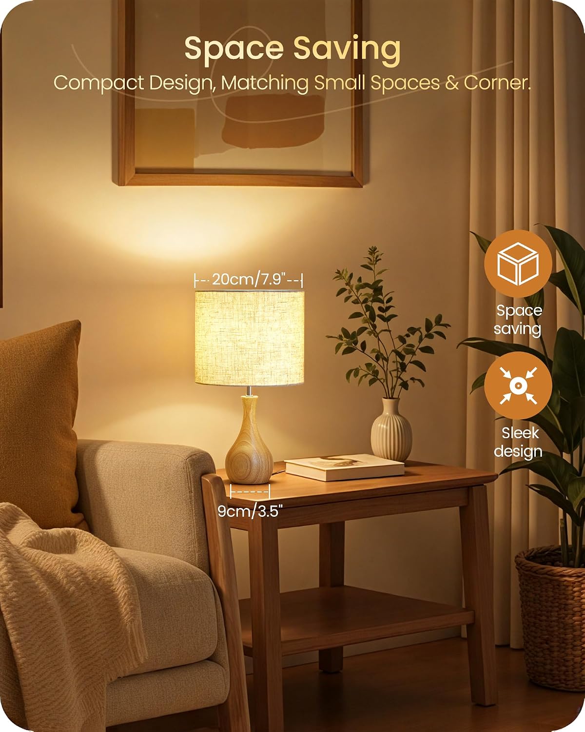 Small Table Lamp, 14.2" Wood Bedside Lamp, Little Cute Desk Lamp with Dark Wood Bottle-Shaped Base & Beige Linen Lampshade, Nightstand Lamp for Bedroom, Small Space, E26 Socket, LE09TL05