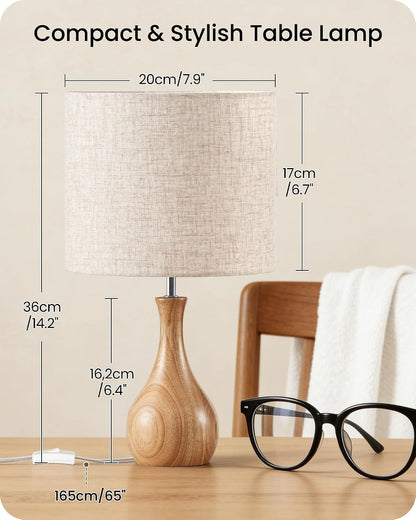 Small Table Lamp, 14.2" Wood Bedside Lamp, Little Cute Desk Lamp with Dark Wood Bottle-Shaped Base & Beige Linen Lampshade, Nightstand Lamp for Bedroom, Small Space, E26 Socket, LE09TL05