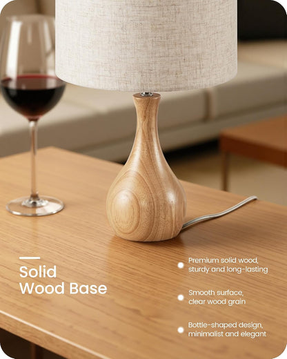 Small Table Lamp, 14.2" Wood Bedside Lamp, Little Cute Desk Lamp with Dark Wood Bottle-Shaped Base & Beige Linen Lampshade, Nightstand Lamp for Bedroom, Small Space, E26 Socket, LE09TL05