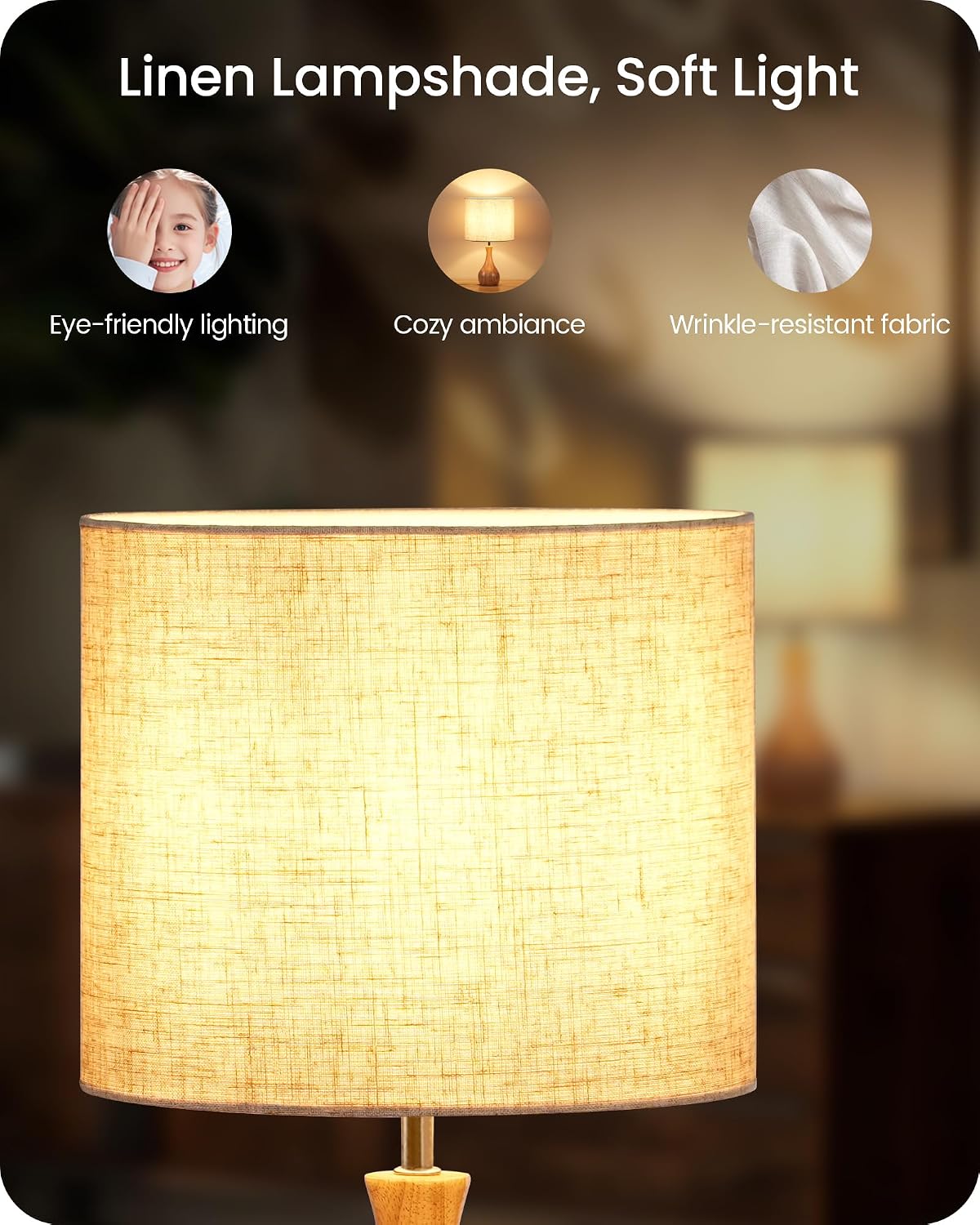 Small Table Lamp, 14.2" Wood Bedside Lamp, Little Cute Desk Lamp with Dark Wood Bottle-Shaped Base & Beige Linen Lampshade, Nightstand Lamp for Bedroom, Small Space, E26 Socket, LE09TL05