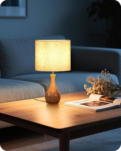 Small Table Lamp, 14.2" Wood Bedside Lamp, Little Cute Desk Lamp with Dark Wood Bottle-Shaped Base & Beige Linen Lampshade, Nightstand Lamp for Bedroom, Small Space, E26 Socket, LE09TL05