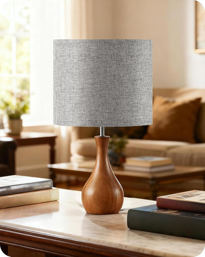 Small Table Lamp, 14.2" Wood Bedside Lamp, Little Cute Desk Lamp with Dark Wood Bottle-Shaped Base & Beige Linen Lampshade, Nightstand Lamp for Bedroom, Small Space, E26 Socket, LE09TL05