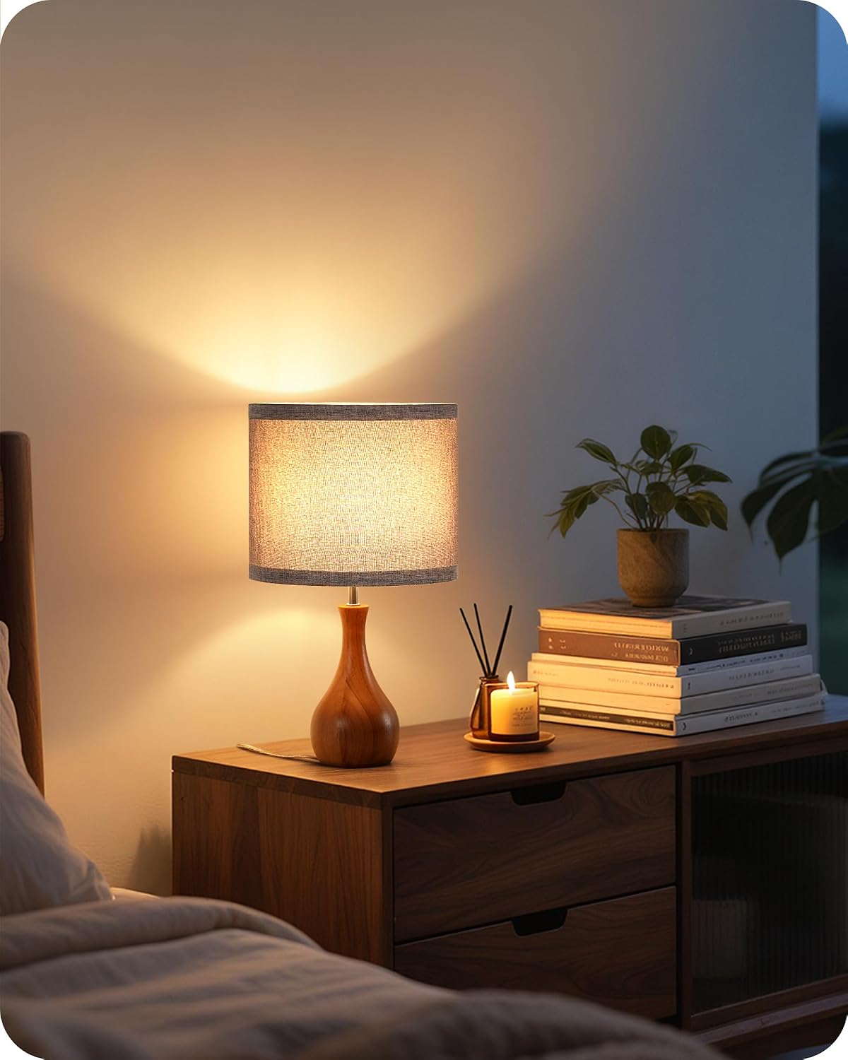 Small Table Lamp, 14.2" Wood Bedside Lamp, Little Cute Desk Lamp with Dark Wood Bottle-Shaped Base & Beige Linen Lampshade, Nightstand Lamp for Bedroom, Small Space, E26 Socket, LE09TL05