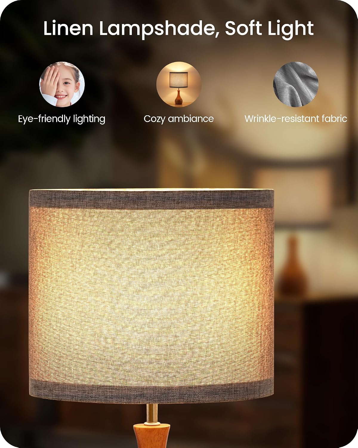 Small Table Lamp, 14.2" Wood Bedside Lamp, Little Cute Desk Lamp with Dark Wood Bottle-Shaped Base & Beige Linen Lampshade, Nightstand Lamp for Bedroom, Small Space, E26 Socket, LE09TL05