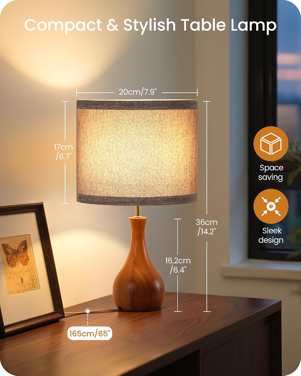 Small Table Lamp, 14.2" Wood Bedside Lamp, Little Cute Desk Lamp with Dark Wood Bottle-Shaped Base & Beige Linen Lampshade, Nightstand Lamp for Bedroom, Small Space, E26 Socket, LE09TL05