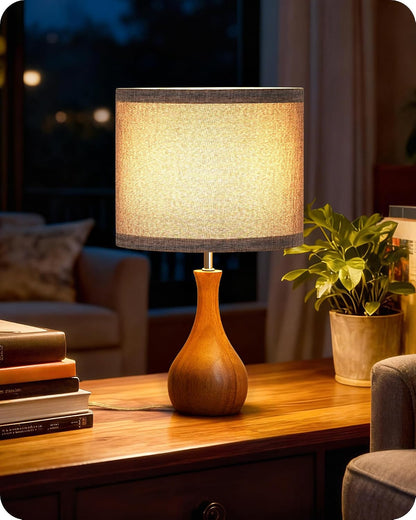Small Table Lamp, 14.2" Wood Bedside Lamp, Little Cute Desk Lamp with Dark Wood Bottle-Shaped Base & Beige Linen Lampshade, Nightstand Lamp for Bedroom, Small Space, E26 Socket, LE09TL05