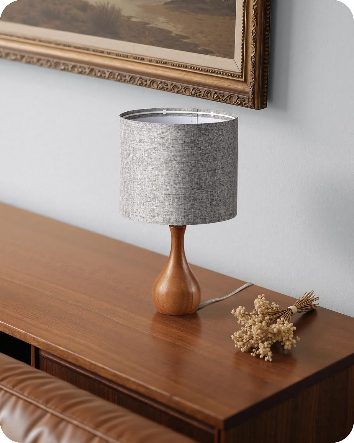 Small Table Lamp, 14.2" Wood Bedside Lamp, Little Cute Desk Lamp with Dark Wood Bottle-Shaped Base & Beige Linen Lampshade, Nightstand Lamp for Bedroom, Small Space, E26 Socket, LE09TL05