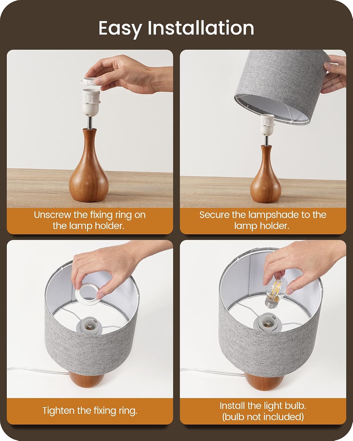 Small Table Lamp, 14.2" Wood Bedside Lamp, Little Cute Desk Lamp with Dark Wood Bottle-Shaped Base & Beige Linen Lampshade, Nightstand Lamp for Bedroom, Small Space, E26 Socket, LE09TL05