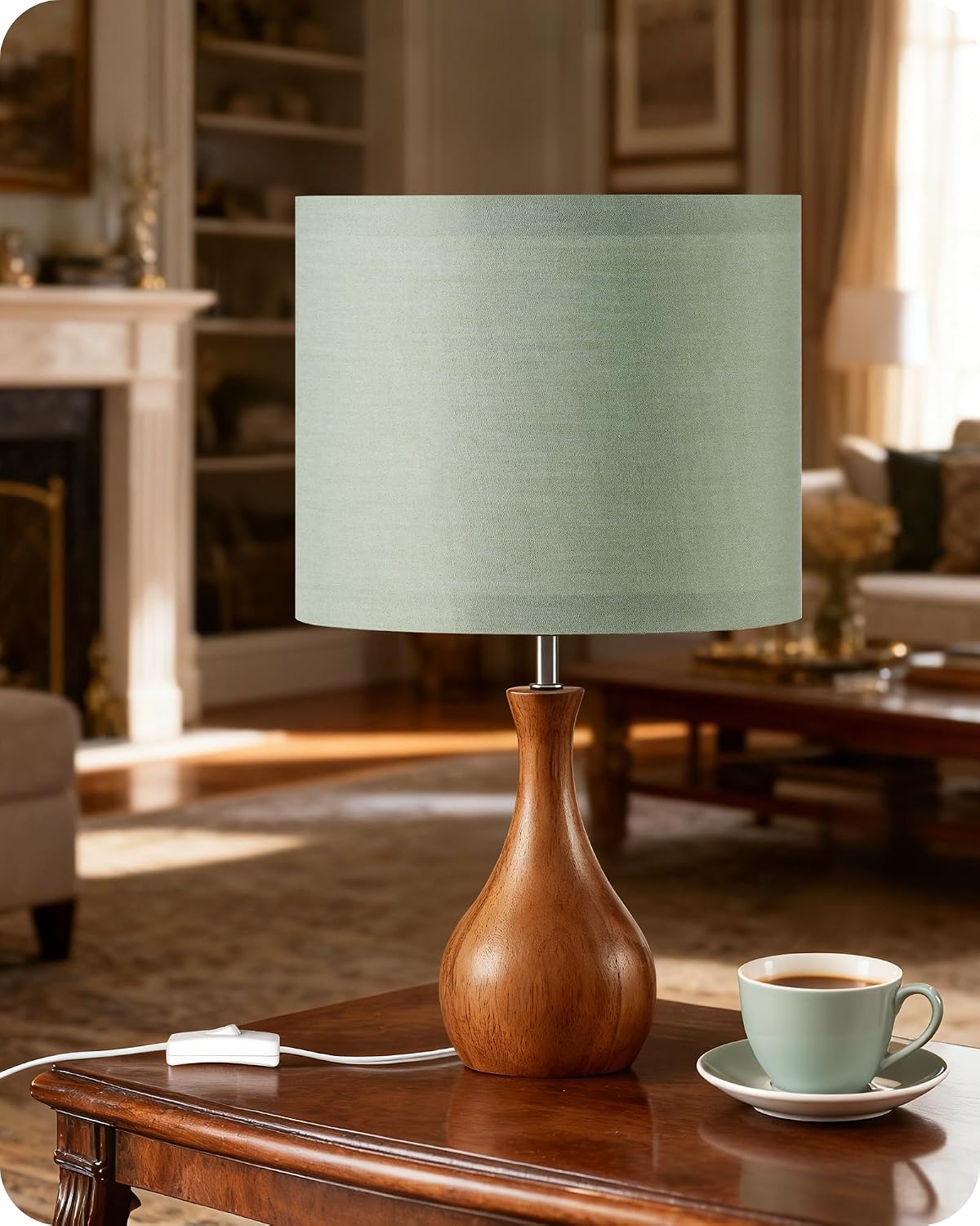 Small Table Lamp, 14.2" Wood Bedside Lamp, Little Cute Desk Lamp with Dark Wood Bottle-Shaped Base & Beige Linen Lampshade, Nightstand Lamp for Bedroom, Small Space, E26 Socket, LE09TL05