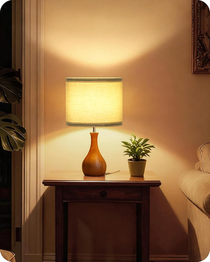 Small Table Lamp, 14.2" Wood Bedside Lamp, Little Cute Desk Lamp with Dark Wood Bottle-Shaped Base & Beige Linen Lampshade, Nightstand Lamp for Bedroom, Small Space, E26 Socket, LE09TL05