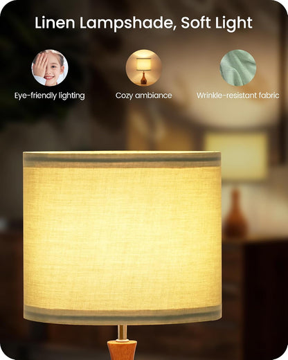 Small Table Lamp, 14.2" Wood Bedside Lamp, Little Cute Desk Lamp with Dark Wood Bottle-Shaped Base & Beige Linen Lampshade, Nightstand Lamp for Bedroom, Small Space, E26 Socket, LE09TL05