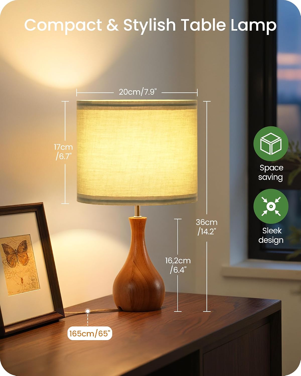 Small Table Lamp, 14.2" Wood Bedside Lamp, Little Cute Desk Lamp with Dark Wood Bottle-Shaped Base & Beige Linen Lampshade, Nightstand Lamp for Bedroom, Small Space, E26 Socket, LE09TL05