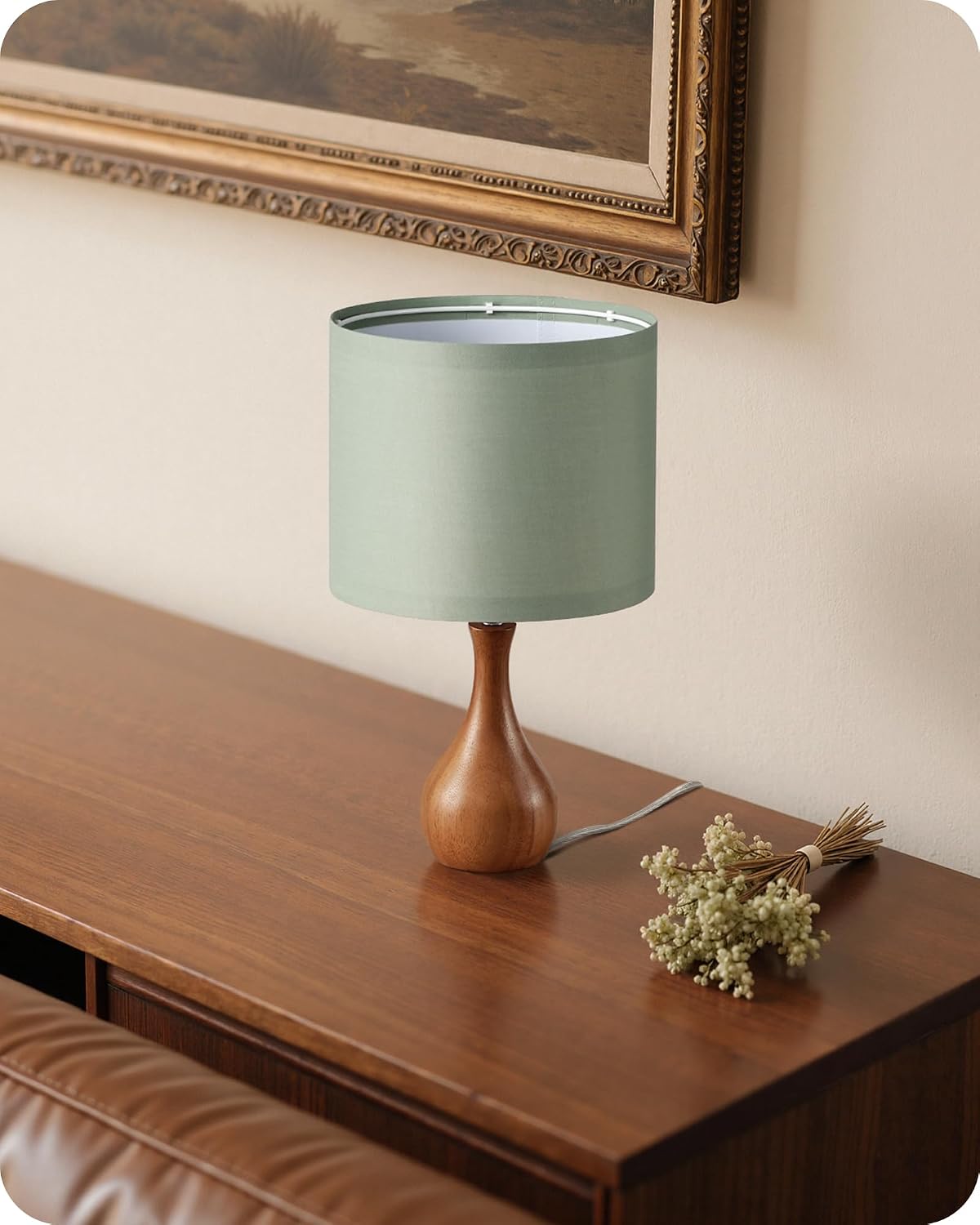Small Table Lamp, 14.2" Wood Bedside Lamp, Little Cute Desk Lamp with Dark Wood Bottle-Shaped Base & Beige Linen Lampshade, Nightstand Lamp for Bedroom, Small Space, E26 Socket, LE09TL05