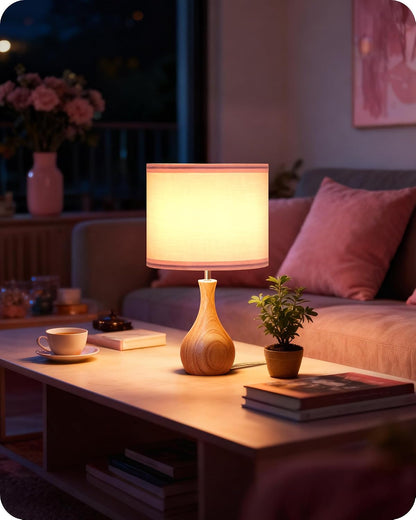 Small Table Lamp, 14.2" Wood Bedside Lamp, Little Cute Desk Lamp with Dark Wood Bottle-Shaped Base & Beige Linen Lampshade, Nightstand Lamp for Bedroom, Small Space, E26 Socket, LE09TL05