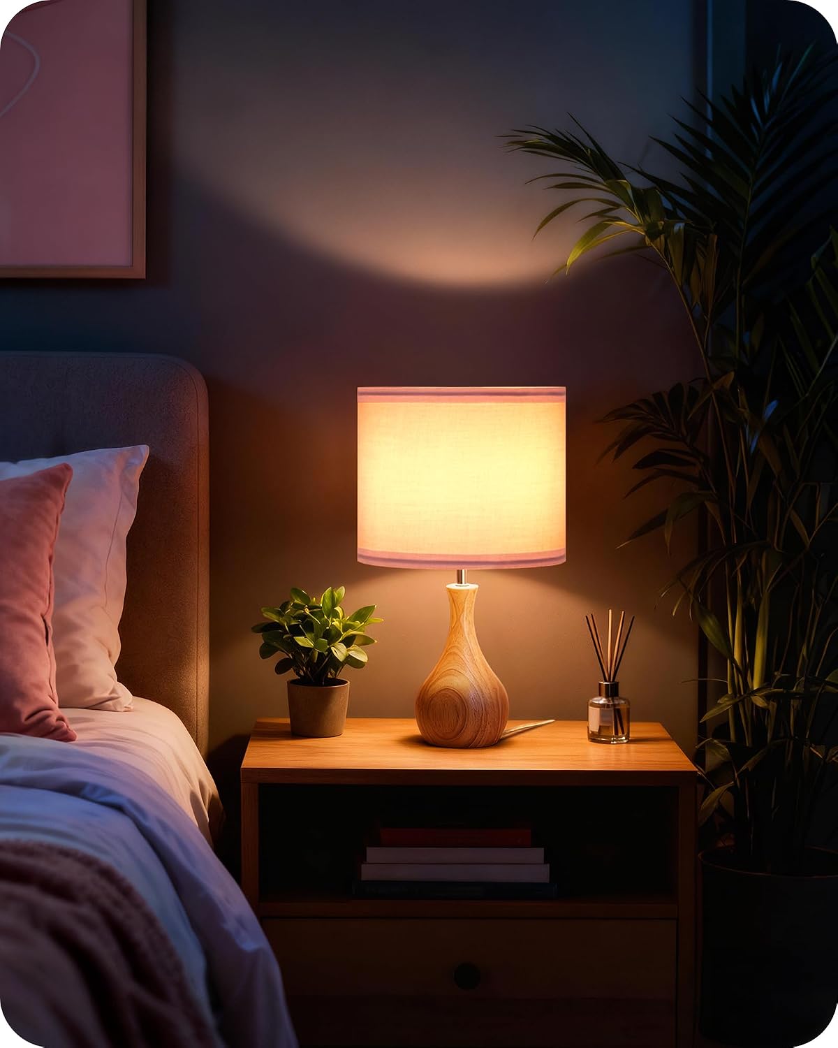 Small Table Lamp, 14.2" Wood Bedside Lamp, Little Cute Desk Lamp with Dark Wood Bottle-Shaped Base & Beige Linen Lampshade, Nightstand Lamp for Bedroom, Small Space, E26 Socket, LE09TL05