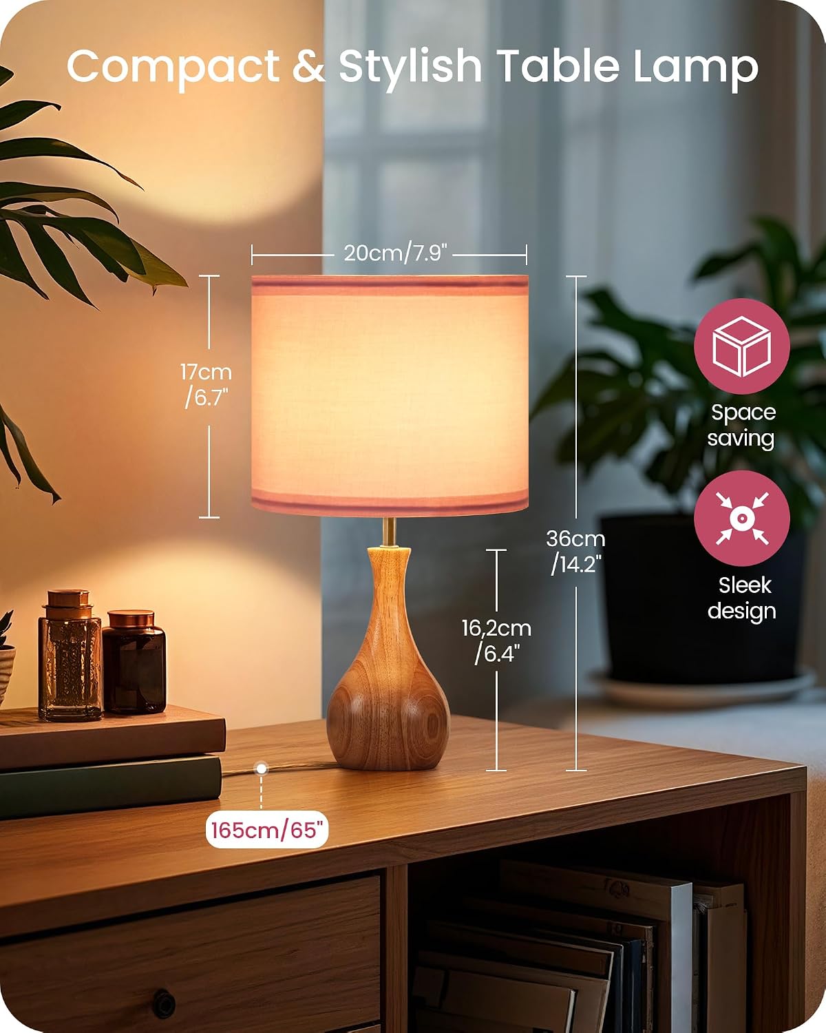 Small Table Lamp, 14.2" Wood Bedside Lamp, Little Cute Desk Lamp with Dark Wood Bottle-Shaped Base & Beige Linen Lampshade, Nightstand Lamp for Bedroom, Small Space, E26 Socket, LE09TL05