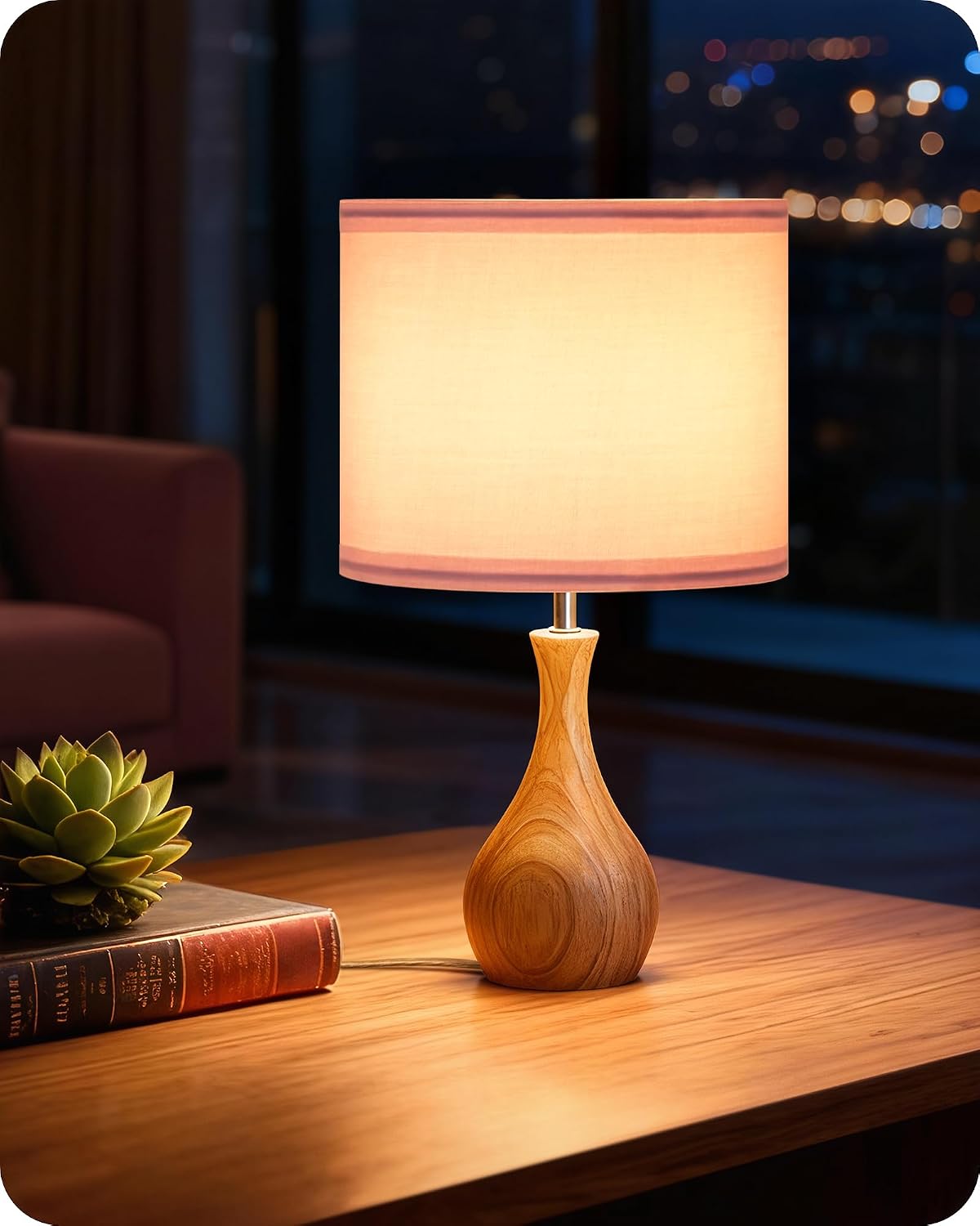 Small Table Lamp, 14.2" Wood Bedside Lamp, Little Cute Desk Lamp with Dark Wood Bottle-Shaped Base & Beige Linen Lampshade, Nightstand Lamp for Bedroom, Small Space, E26 Socket, LE09TL05