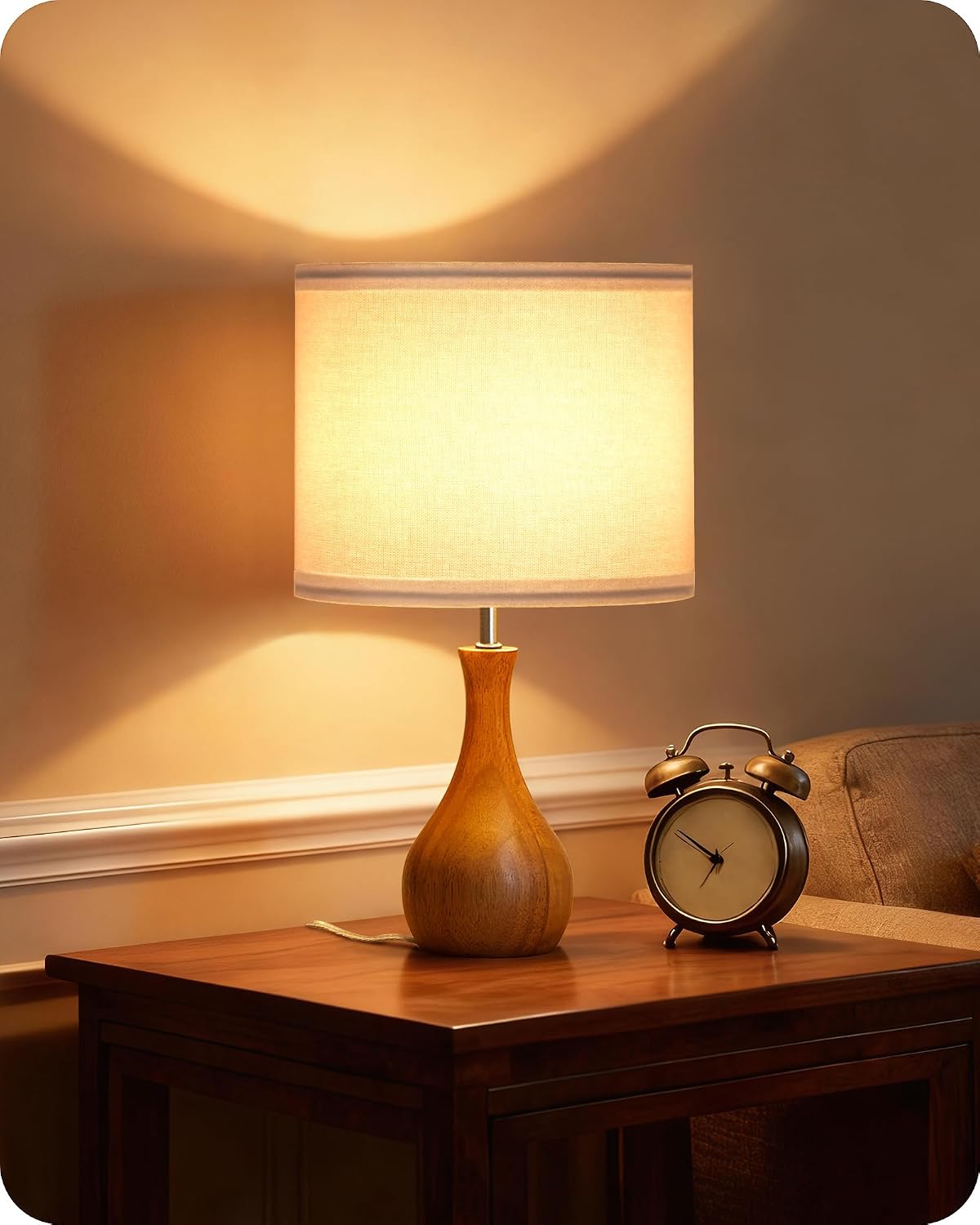 Small Table Lamp, 14.2" Wood Bedside Lamp, Little Cute Desk Lamp with Dark Wood Bottle-Shaped Base & Beige Linen Lampshade, Nightstand Lamp for Bedroom, Small Space, E26 Socket, LE09TL05
