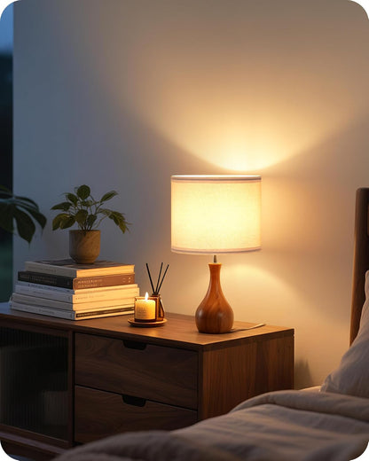 Small Table Lamp, 14.2" Wood Bedside Lamp, Little Cute Desk Lamp with Dark Wood Bottle-Shaped Base & Beige Linen Lampshade, Nightstand Lamp for Bedroom, Small Space, E26 Socket, LE09TL05