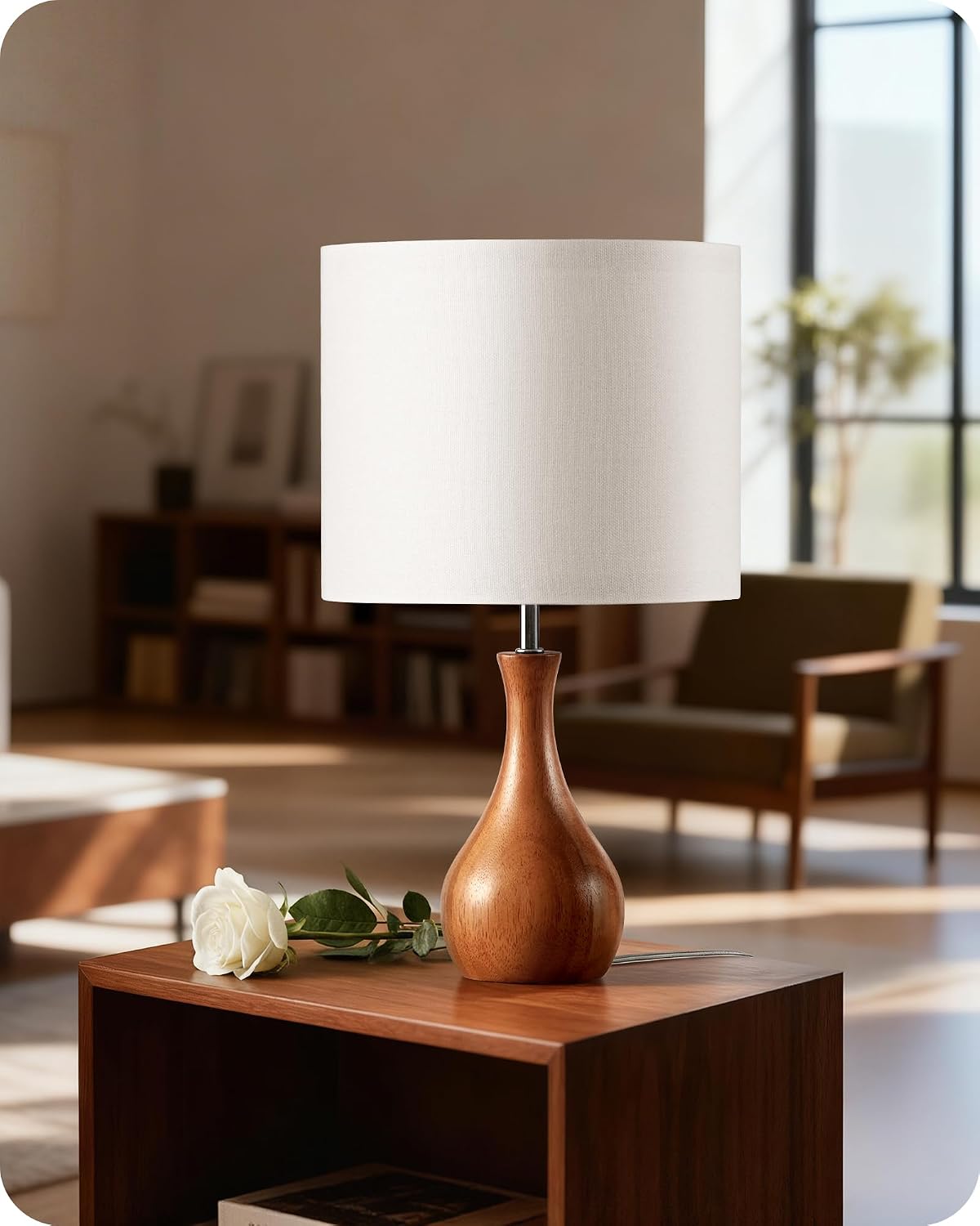 Small Table Lamp, 14.2" Wood Bedside Lamp, Little Cute Desk Lamp with Dark Wood Bottle-Shaped Base & Beige Linen Lampshade, Nightstand Lamp for Bedroom, Small Space, E26 Socket, LE09TL05