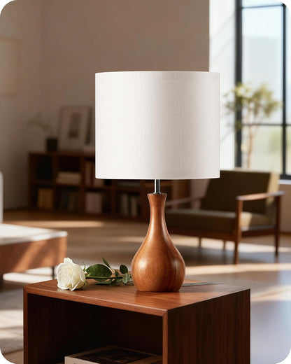 Small Table Lamp, 14.2" Wood Bedside Lamp, Little Cute Desk Lamp with Dark Wood Bottle-Shaped Base & Beige Linen Lampshade, Nightstand Lamp for Bedroom, Small Space, E26 Socket, LE09TL05