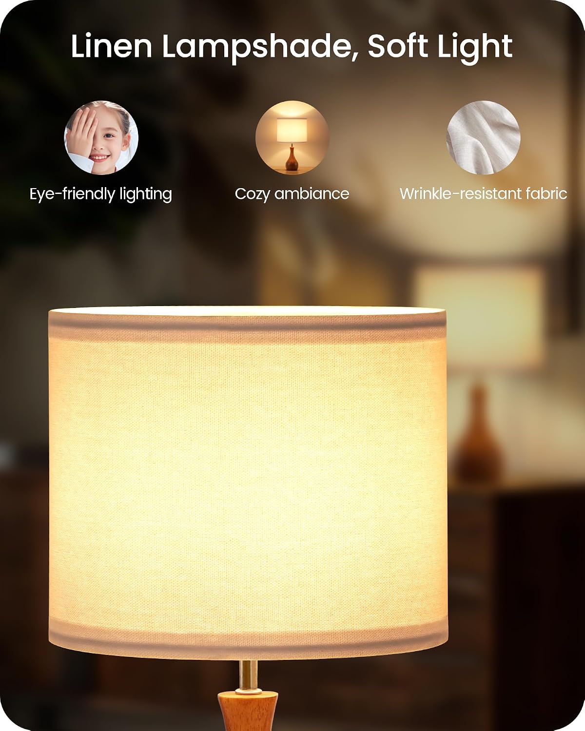 Small Table Lamp, 14.2" Wood Bedside Lamp, Little Cute Desk Lamp with Dark Wood Bottle-Shaped Base & Beige Linen Lampshade, Nightstand Lamp for Bedroom, Small Space, E26 Socket, LE09TL05