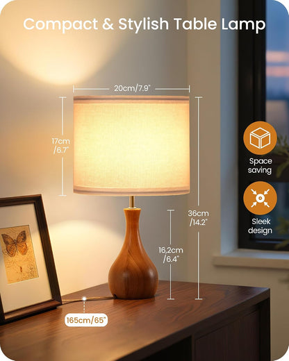 Small Table Lamp, 14.2" Wood Bedside Lamp, Little Cute Desk Lamp with Dark Wood Bottle-Shaped Base & Beige Linen Lampshade, Nightstand Lamp for Bedroom, Small Space, E26 Socket, LE09TL05